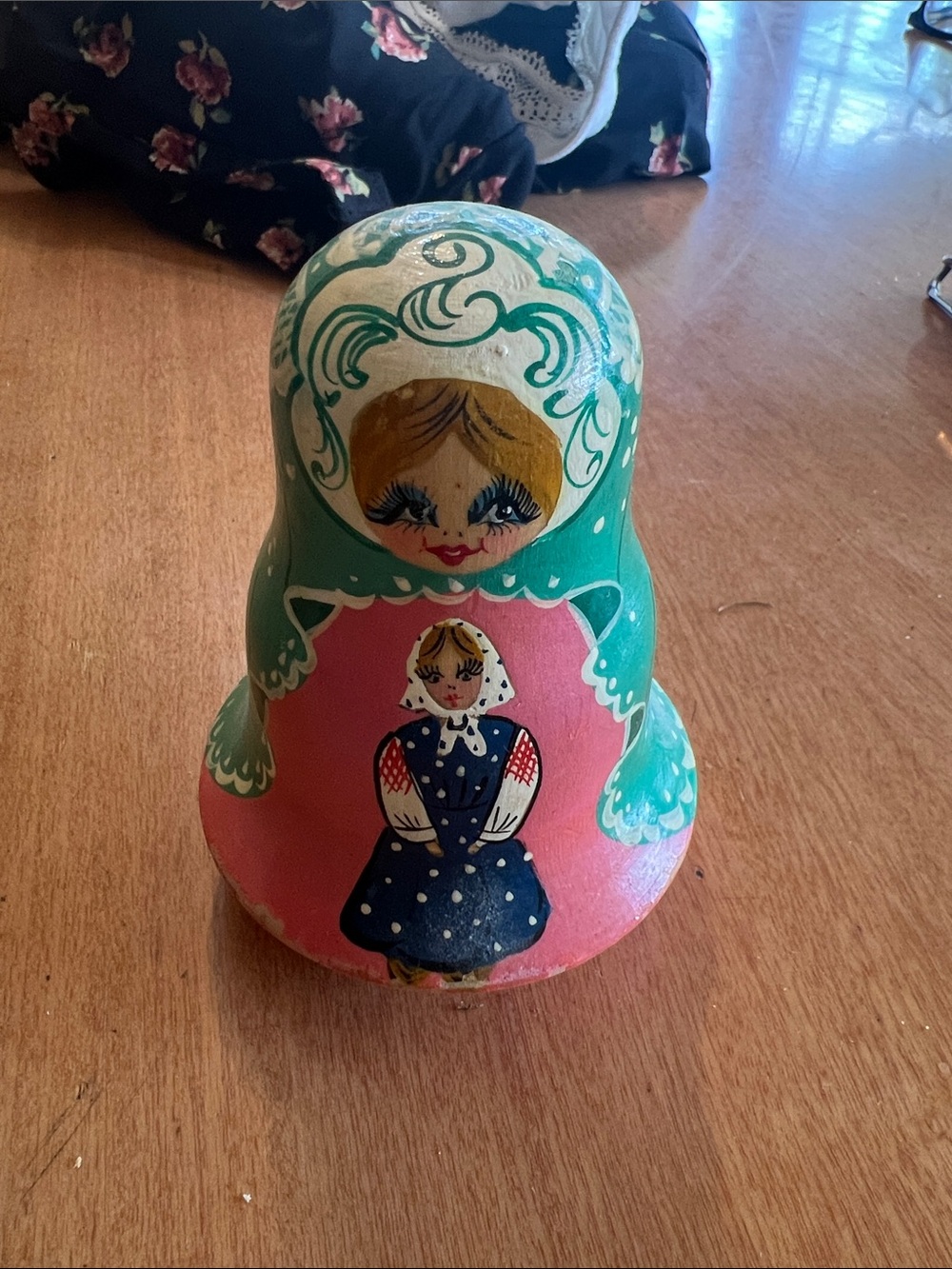 Hand-Painted Matryoshka Nesting Doll in Teal and Pink